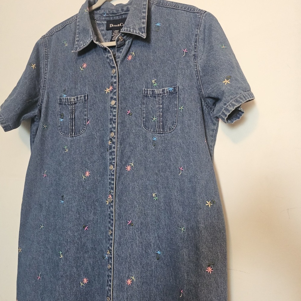 Vintage 90s Turquoise Blue Denim Floral Dress Large 100% Cotton Tshirt Dress - Picture 4 of 10